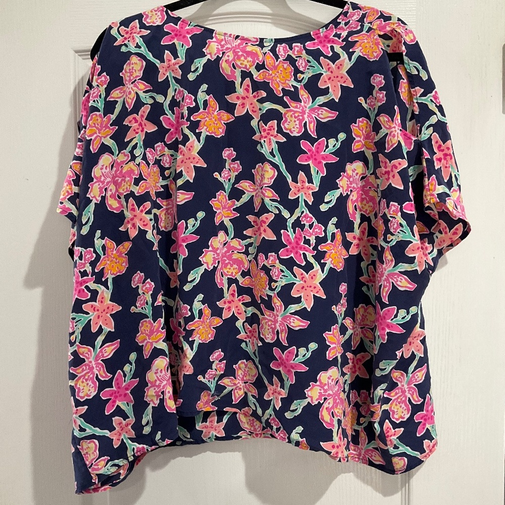 Lilly Pulitzer Floral Blouse - Navy and Pink Silk Top Size Large EUC